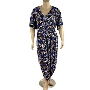 Kate & Mallory Blue Leaf Print Wide Leg Jumpsuit 1X